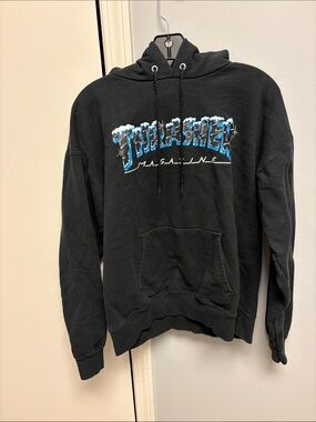 Thrasher Black Hoodie with Blue & White Snow Logo